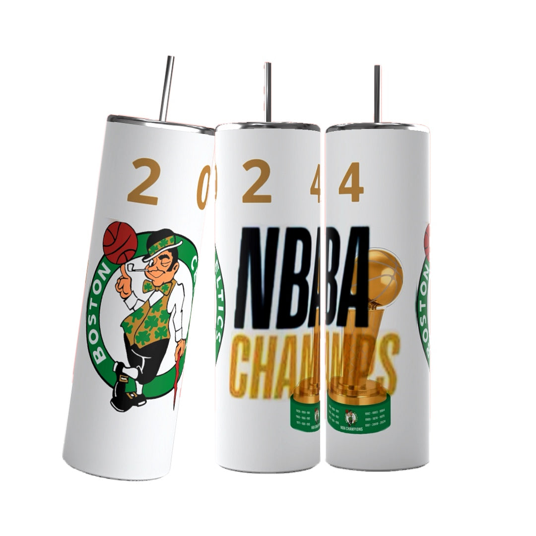 Three stainless steel tumblers are displayed on a green background. Each Kreative Kreationz Boston Celtics 2024 Champs Custom 20oz Tumbler features part of a design that, when combined, reads "2024 NBA CHAMPS" with the Boston Celtics logo. With a 20 oz capacity and spill-proof lids, these tumblers also come with metal straws.