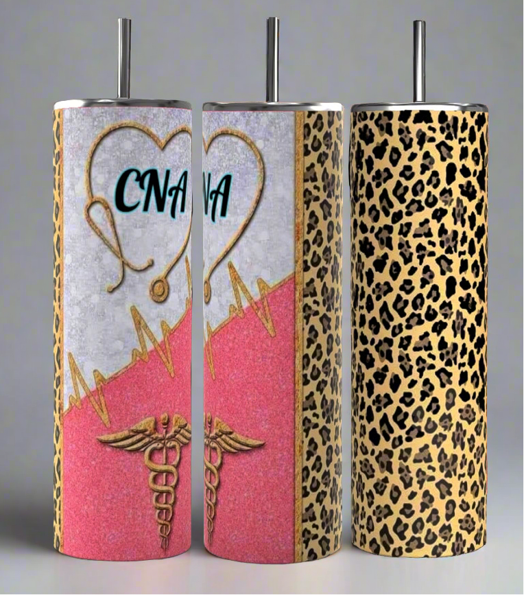 Three tall, cylindrical Kreative Kreationz CNA 20oz Skinny Tumblers with black straws are shown. The first tumbler has a heart with "CNA" and medical symbols, the second features a heart and caduceus symbol, and the third is adorned with a leopard print pattern. Each boasts durable construction and 20 oz capacity.