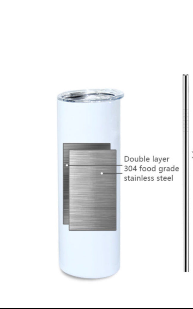 The D&B -White 20oz Tumbler by Kreative Kreationz boasts an elegant design with double-wall insulation. A diagram highlights its 304 food-grade stainless steel construction, and a side cross-section view displays the thickness and layering of its materials, echoing the style of a Dooney and Bourke Sublimated Tumbler.