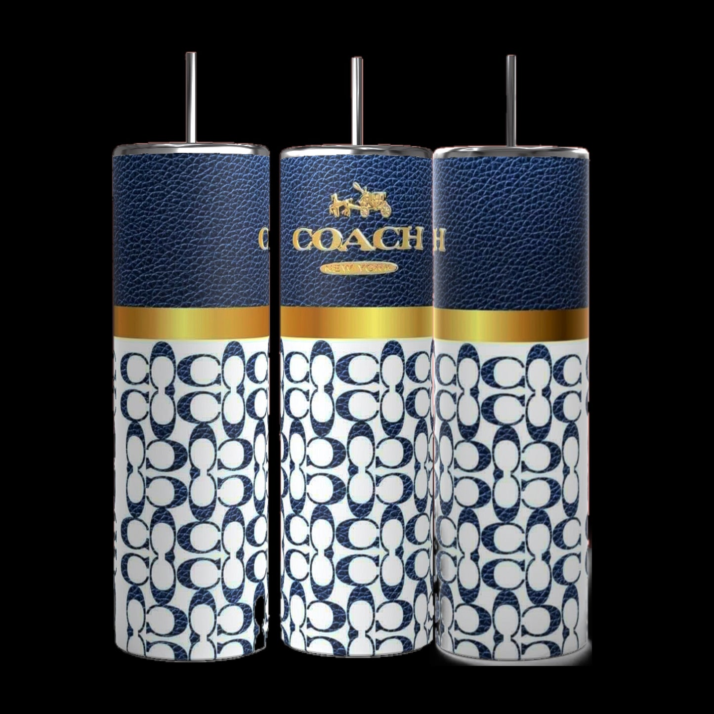 Three Coach-inspired dark blue 20oz tumblers from Kreative Kreationz, each accompanied by a metal straw, are displayed. These tumblers showcase a textured dark blue upper section featuring the "COACH" logo in gold and a white lower section adorned with a blue Coach pattern. The tumblers are aligned side by side against a grey background.