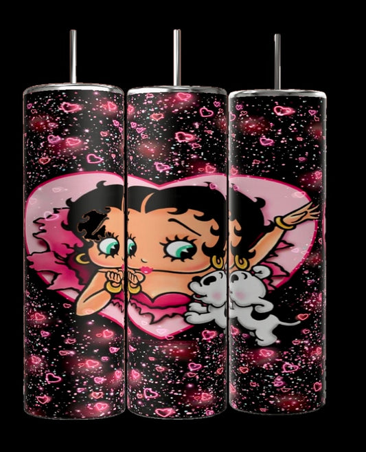 The Betty B 20oz Skinny Tumbler by Kreative Kreationz showcases Betty Boop with short black hair and a pink outfit against a black backdrop with pink hearts, holding a white dog inside a large pink heart, combining fun and functionality in its tall, cylindrical design.