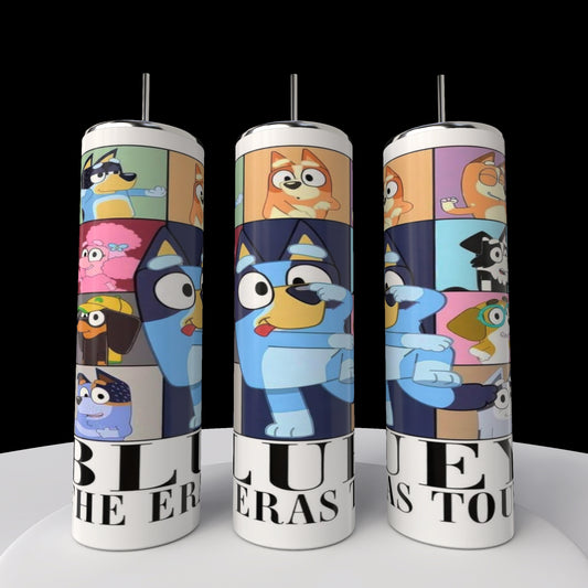 Three Kreative Kreationz stainless steel tumblers, each 20oz, showcase colorful cartoon dogs with playful and curious expressions on vibrant backgrounds. "The Eras Tour" phrase partially appears at the bottom, adding charm to these Bluey ERAS tumblers.