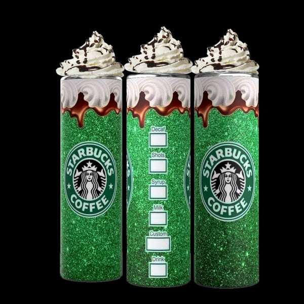 Three Kreative Kreationz Starbucks-themed tumblers feature green glitter and whipped cream designs. The central 20oz tumbler, titled "Starbucks 20oz Tumbler with Removable Lid Topper," displays a menu for milk and syrup customization. Reusable straws and the iconic logo on a sleek black background complete the set.