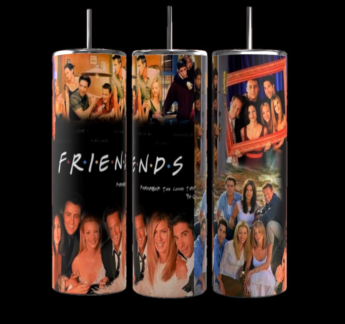 The Friends TV Show Collage 20oz Tumblers by Kreative Kreationz, an ideal gift for any 90s sitcom fan, are showcased on a cobblestone street. Each tumbler features iconic scenes and beloved characters from the show, brought to life with vibrant colors and memorable ensemble moments. Additionally, they are designed with double-wall insulation to ensure your drinks stay at the perfect temperature.