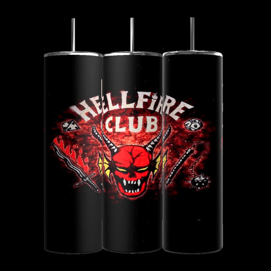 Three Kreative Kreationz Hellfire Club 20oz tumblers in black, featuring bold text and an intricate design with a red horned demon, flaming sword, spiked club, dice, and flames against a dark fiery backdrop. These stainless steel tumblers provide stylish insulation for your beverages.