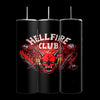 Three Kreative Kreationz Hellfire Club 20oz tumblers in black, featuring bold text and an intricate design with a red horned demon, flaming sword, spiked club, dice, and flames against a dark fiery backdrop. These stainless steel tumblers provide stylish insulation for your beverages.