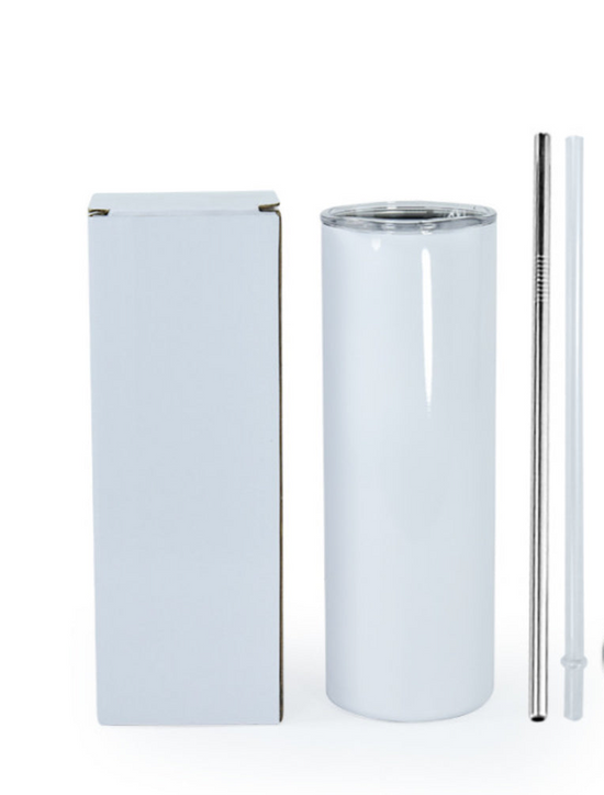 The Kreative Kreationz Outer Banks OBX 20oz tumbler, featuring a sleek white stainless steel design and spill-proof lid, is elegantly showcased beside a white box. The set includes a reusable metal straw and cleaner, beautifully arranged against a pristine white background.