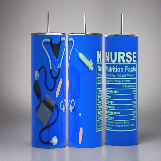 Three blue insulated tumblers with black straws from the brand Kreative Kreationz are shown. The first tumbler has medical tools printed on it. The middle one showcases a syringe and other supplies, while the third features the 'Nurse Nutritional Facts' label listing humorous traits. Each Nurse Nutritional Facts 20oz Tumbler boasts durable construction and a spill-proof lid.