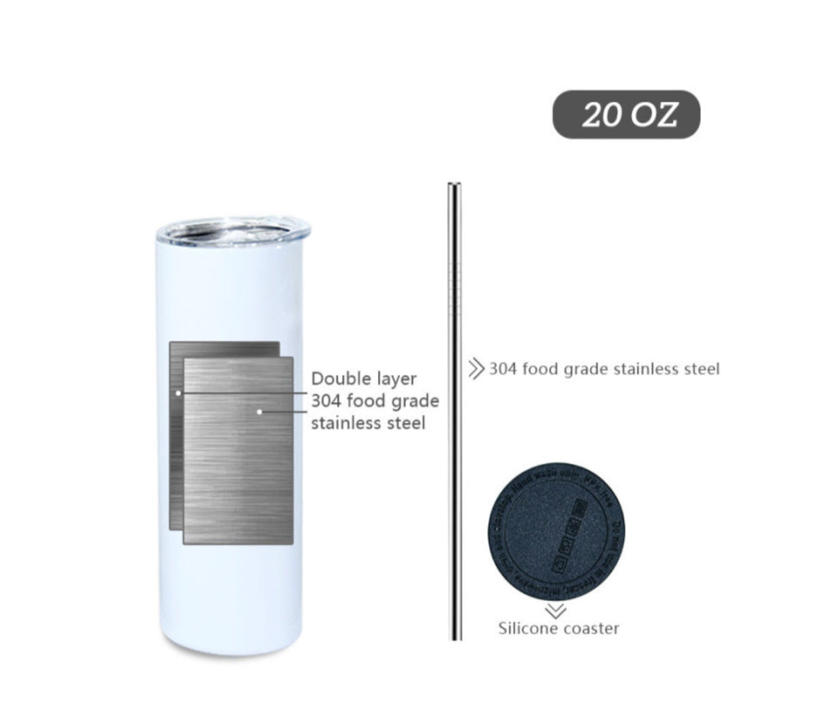 This image features the D&B | RED 20oz Tumbler by Kreative Kreationz, crafted from stainless steel and showcasing double-wall insulation for exceptional temperature retention. It comes with a stainless steel straw and a black silicone coaster, embodying a durable construction with a sleek design to suit any setting.