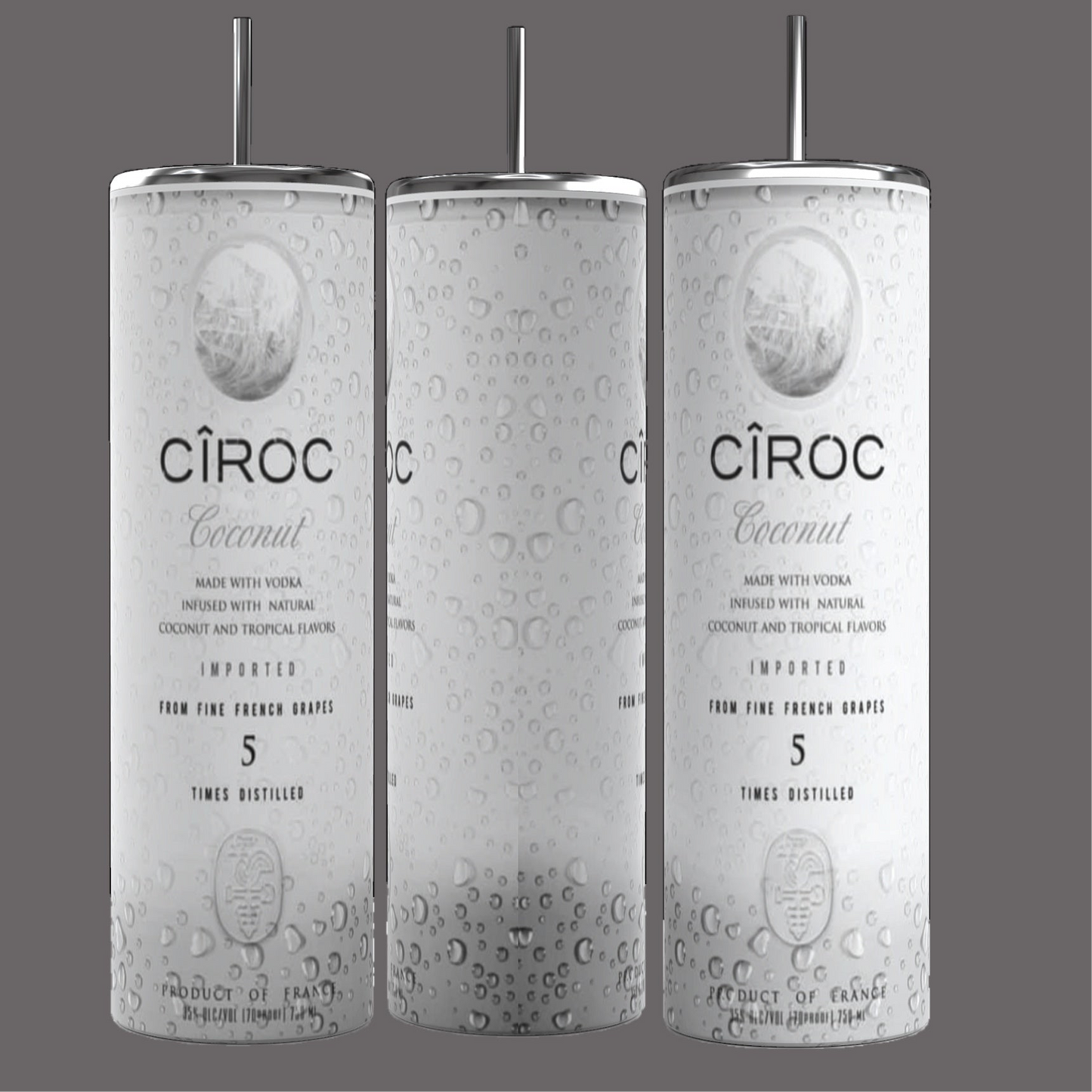 Two cans of Kreative Kreationz Ciroc 20oz Tumbler with 3D Lid Topper are shown on a wooden surface, reminiscent of travel tumblers. The left can is Red Berry flavor, topped with ice and a cherry. The right can is Vodka Snap Frost flavor, topped with ice and a lemon slice. Both cans feature product information and branding.