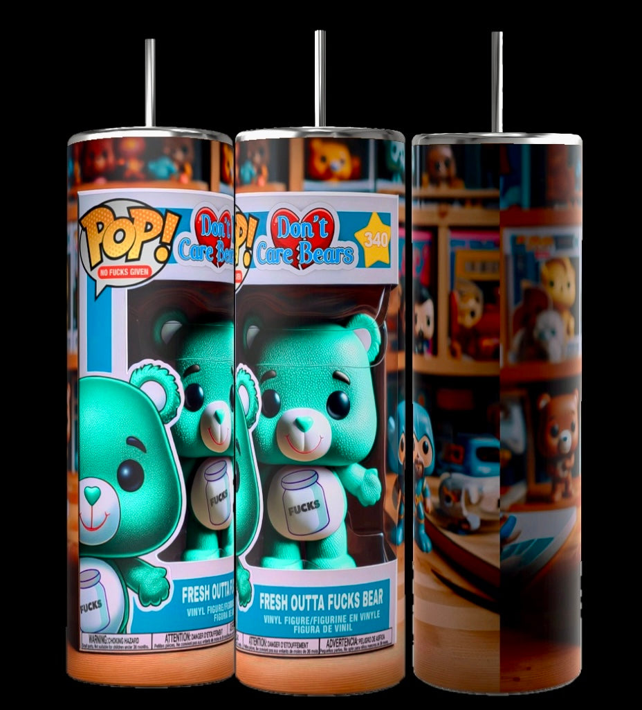 Three tall cylinders showing a 20 ounce skinny Tumblr from all sides with a 360° angle. The image shows the brand “POP” with teal colored teddy bear as part of a don’t give a fuck bear collection image shows bear in a “POP” box small image on the stomach of the bear, such as the classic Care Bears 