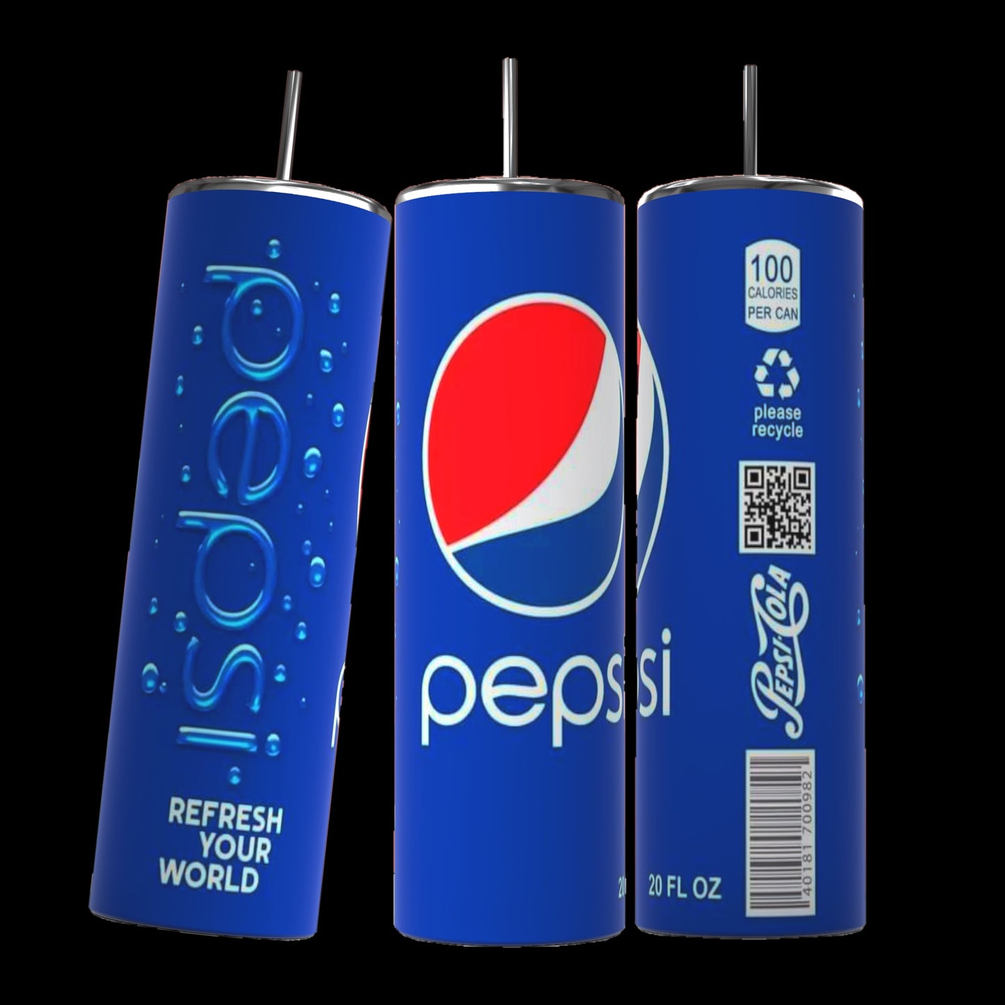 Three blue Pepsi-styled tumblers are displayed. The front tumbler features the iconic Pepsi logo with a red, white, and blue design. The left tumbler displays "Pepsi" vertically with "Refresh Your World" at the bottom. The right tumbler showcases nutritional information, a recycle symbol, and a 20 FL OZ label next to a spill-proof lid. These tumblers are branded as Kreative Kreationz's Pepsi 20oz Skinny Tumblers made from Stainless Steel with Double Wall Insulation.