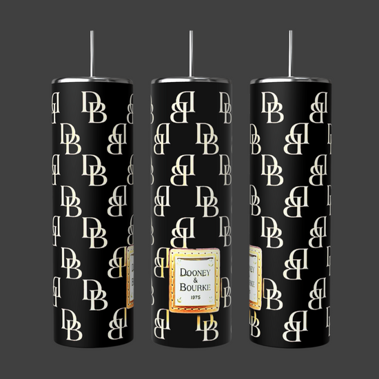 The Dooney & Bourke-Black 20oz Tumblers by Kreative Kreationz feature three black cylindrical designs with a beige 