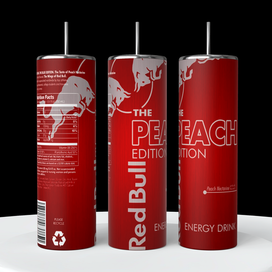 A collection of Red Bull lovers 20oz Tumblers from Kreative Kreationz, each displaying a different Red Bull flavor and distinct vibrant color. Arranged from left to right: Winter Edition (blue), Orange Edition (orange), Beach Edition (peach), Coconut Edition (white), Summer Edition (green), Original (silver), Sugarfree (white and blue stripe), and Tropical (yellow). Perfect for carrying your favorite energy drink without worrying about spills.