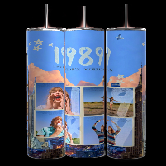 Three Kreative Kreationz Taylor Swift 1989 20oz Tumblers are displayed against a black background. They are adorned with imagery from Taylor Swift's "1989 (Taylor's Version)" album, featuring the text "1989" on top, various photos of Taylor Swift, and cityscape illustrations.