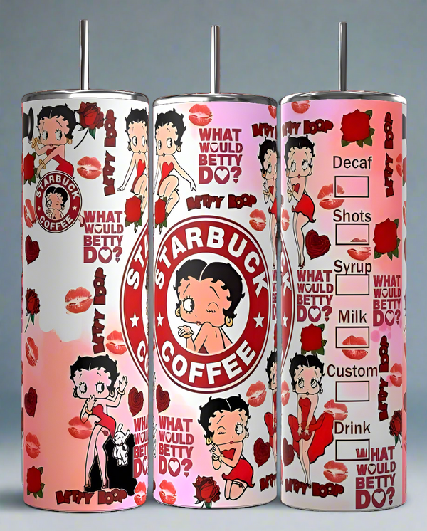 The 20oz Betty B Starbucks Skinny Tumblers by Kreative Kreationz showcase a retro cartoon amid lips, roses, and a "Starbuck Coffee" label. With customization options and the playful question "What Would Betty Do?", they're perfect for any Betty Boop fan!.