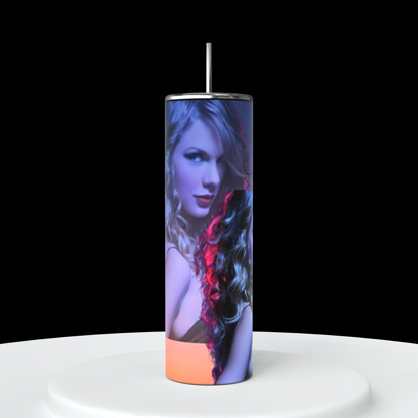 Three Taylor Swift Aesthetic 20oz Tumblers by Kreative Kreationz, each featuring the same image of a woman with wavy blonde hair and dark clothing. One tumbler includes her signature, and another has "Taylor Swift" written in cursive, perfectly capturing the Taylor Swift aesthetic.