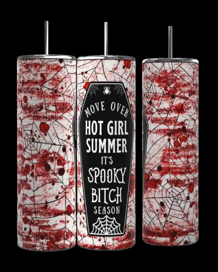 The Spooky Bitch Season Series by Kreative Kreationz is a set of three colorful 20oz tumblers featuring vibrant designs of various jack-o'-lanterns in orange, blue, and purple against a black background. The central Halloween drinkware tumbler has a coffin-shaped design with the text "Move over hot girl summer, it’s spooky bitch season.