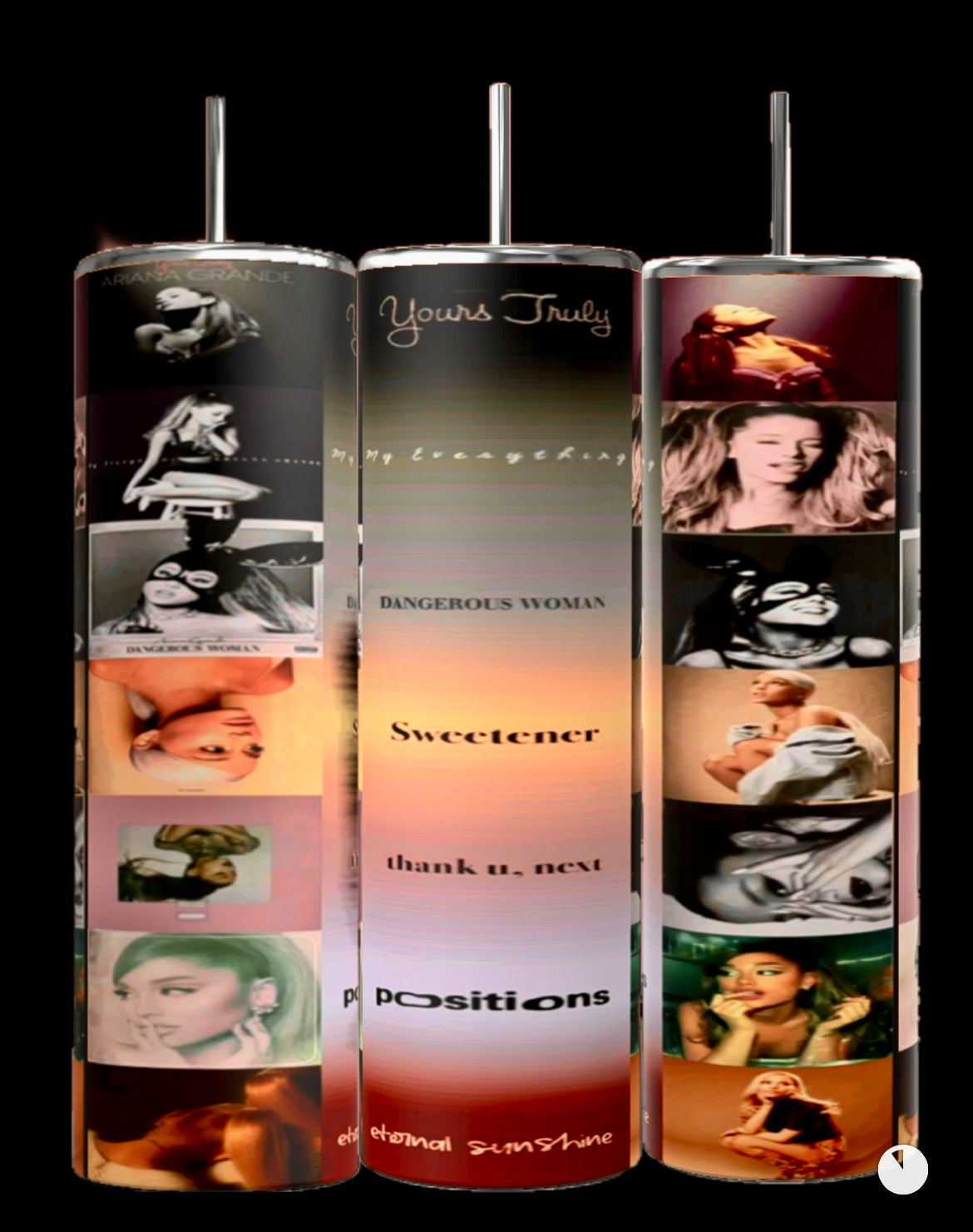 Three slim, vertical 20oz tumblers by Kreative Kreationz, each featuring different images and album covers of a female pop artist. The tumbler designs showcase album titles including "Yours Truly," "My Everything," "Dangerous Woman," "Sweetener," "Thank U, Next," and more. These stunning pieces reflect Ariana Grande Aesthetic 20oz Tumbler aesthetics perfectly.