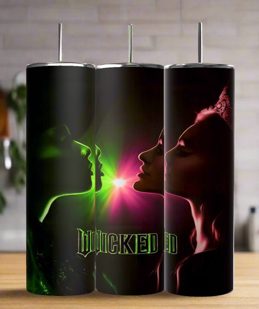 The Wicked Face-Off 20oz Tumbler by Kreative Kreationz features a striking "Wicked" inspired design with sublimation prints of two faces lit by green and pink light, along with "WICKED" in bold green on insulated stainless steel, ideal for keeping drinks hot or cold.