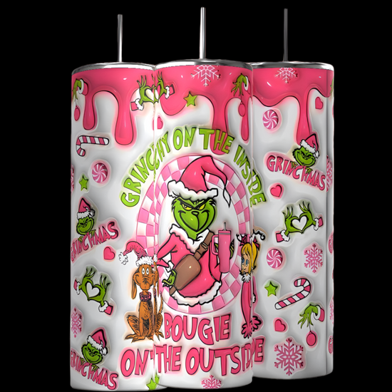 Three cylindrical candles with pink wax drips feature festive cartoon characters, peppermint candies, snowflakes, and the phrases 