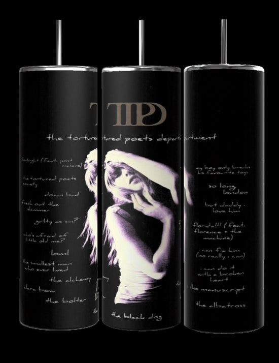 The Kreative Kreationz TTPD The Anthology 20oz Tumblers come in a set of three, each adorned with a grayscale image of a person dancing and holding their head. The design features white script-style text such as 