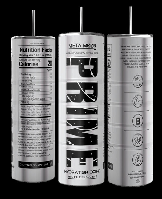 Three tall cylindrical cans of Prime Hydration Drink, labeled "Meta Moon," feature a durable construction and are adorned with nutrition facts alongside icons indicating gluten-free and caffeine-free benefits. The design includes black and white text, an informational section on the back, and presents a vibrant appearance akin to the Colorful Energy 20-ounce tumbler from Kreative Kreationz.