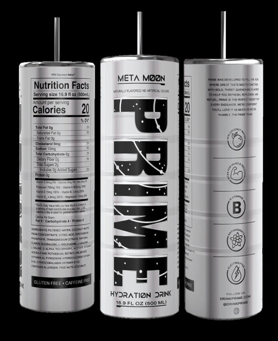 Three tall cylindrical cans of Prime Hydration Drink, labeled 