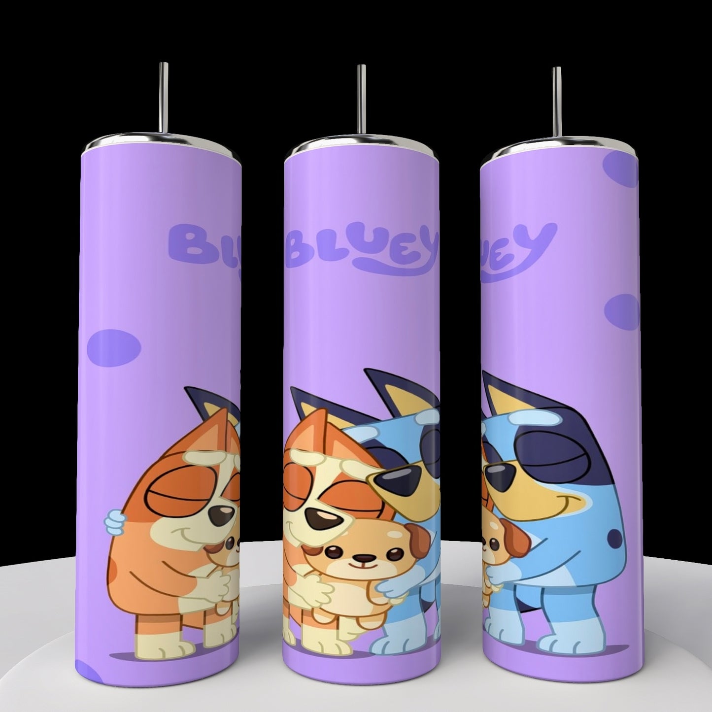 Kreative Kreationz's Bluey 20oz Stainless Steel Tumblers showcase a fun design with cartoon dogs on a purple background, one wearing sunglasses, and "BLUEY" in light blue. These tall, skinny tumblers are perfect for fans of whimsy.