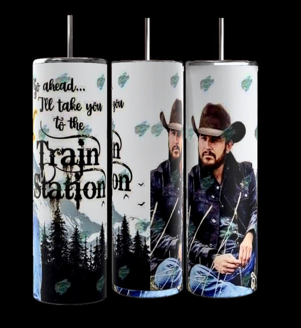 The Yellowstone 20oz Tumblers by Kreative Kreationz embody the wild western spirit, with "Go ahead... I'll take you to the Train Station" over a mountain scene on one and a cowboy figure on others. Ideal for any adventure.