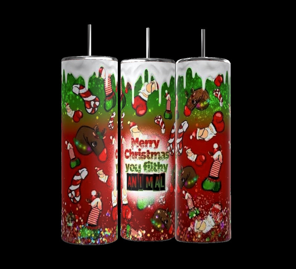 Three festive Filthy Animal 20oz Skinny Tumblers from Kreative Kreationz come with metal reusable straws and feature a Christmas-themed design. The double-wall stainless steel containers showcase illustrations of reindeer, candy canes, and stockings with the text, "Merry Christmas you filthy ANIMAL" on a red and green background.