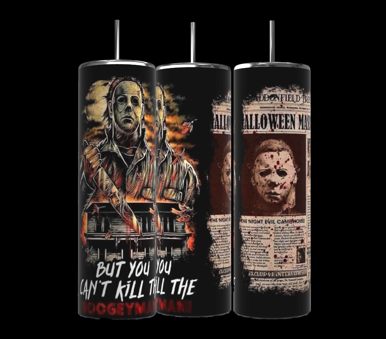 Three 20oz Halloween tumblers by Kreative Kreationz with horror-themed designs. The first, a Michael Myers | Halloween tumbler, depicts the masked figure in front of a house with "BUT YOU CAN'T KILL THE BOOGEYMAN" text. The second features him amidst flames, and the third has a newspaper-style design with Halloween text and the iconic masked figure.