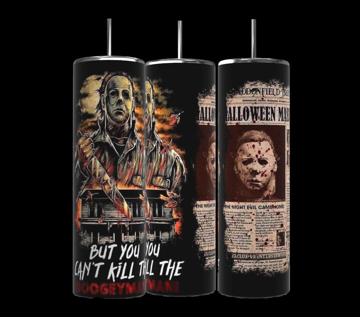 Kreative Kreationz's Michael Myers Halloween 20oz Tumbler captures eerie horror with a masked figure, haunted house, and chilling "But you can't kill the boogeyman" text, making it an iconic addition to any Halloween collection.