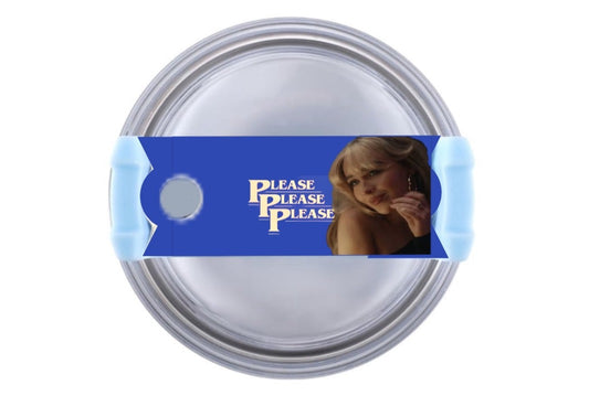 The images depict a circular white object wrapped with a blue band reading "PLEASE PLEASE PLEASE" and featuring a photo of Sabrina Carpenter. The custom Stanley Lid Topper from Kreative Kreationz, designed for 20-ounce, 30-ounce, and 40-ounce Stanley cups, is shown in two different orientations on the object, indicated by a double-headed arrow.