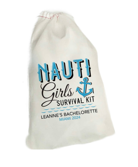 Introducing the 6-Pack Nauti Crew Emergency Survival Kit Satchel Bags by Kreative Kreationz: These customizable white drawstring bags feature blue and black text that reads, 