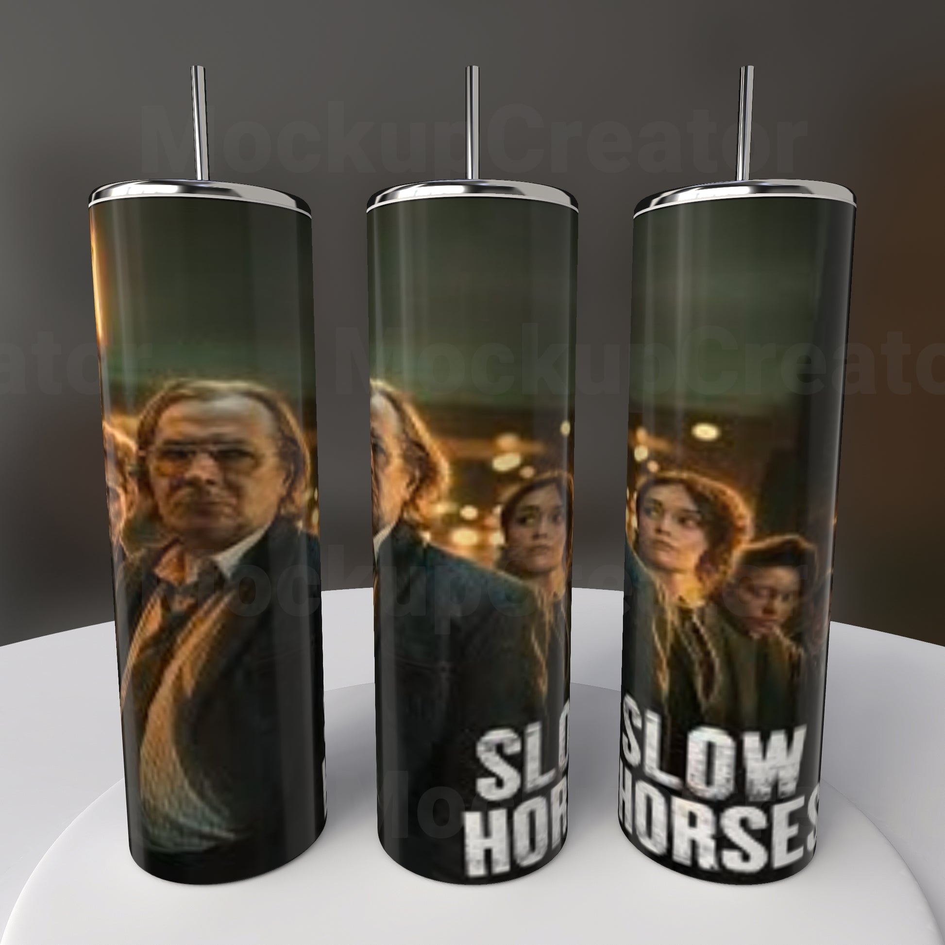 This set of three 20 oz tumblers from Kreative Kreationz features a movie poster design with people standing against a blurred background, prominently displaying "Slow Horses," hinting at a tense or serious theme on the stainless steel exterior.