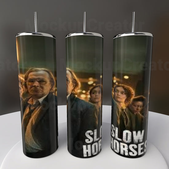 This set of three 20 oz tumblers from Kreative Kreationz features a movie poster design with people standing against a blurred background, prominently displaying 