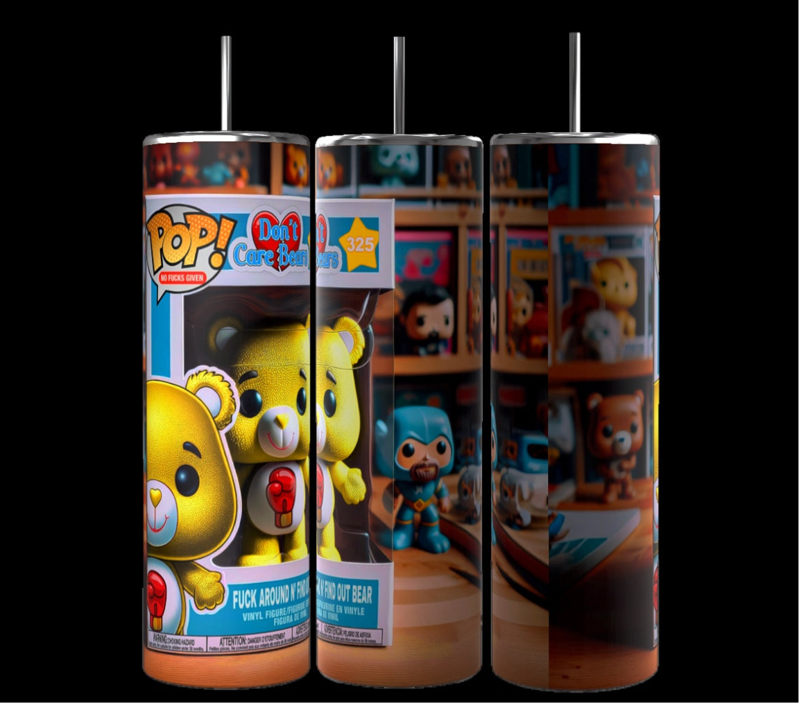 Three Kreative Kreationz 20-ounce skinny tumblers are on display, each adorned with colorful designs of collectible Funko Pop! figures. The left tumbler showcases the "FAFO Don’t Care Bear," the central tumbler features a superhero figure, and the right tumbler depicts a vivid, cluttered shelf. Each comes with a reusable straw and double wall insulation.