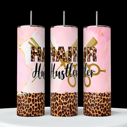 Kreative Kreationz offers hairstylist 20oz tumblers with pink marbled backgrounds, leopard print bottoms, and hair tools (scissors and comb). Featuring "Hair Hustler" in bold leopard print and cursive, these spill-proof tumblers come in a set of three.