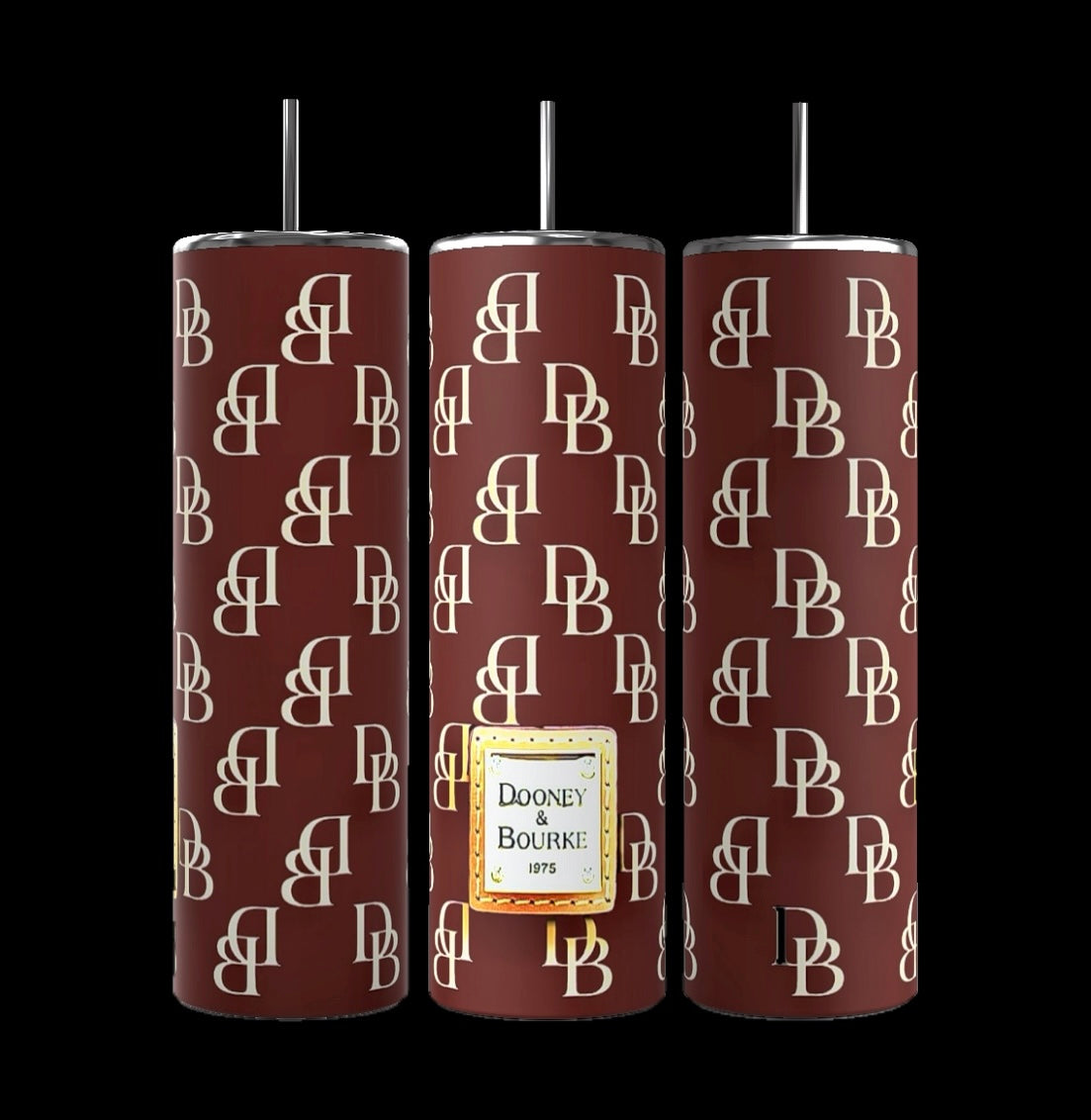 Three burgundy D&B 20oz tumblers by Kreative Kreationz feature gold monogram patterns with "DB" logos. The center tumbler displays a "Dooney & Bourke 1975" label. Each tumbler features a sublimated design and includes a black straw extending from the top, combining style and functionality.