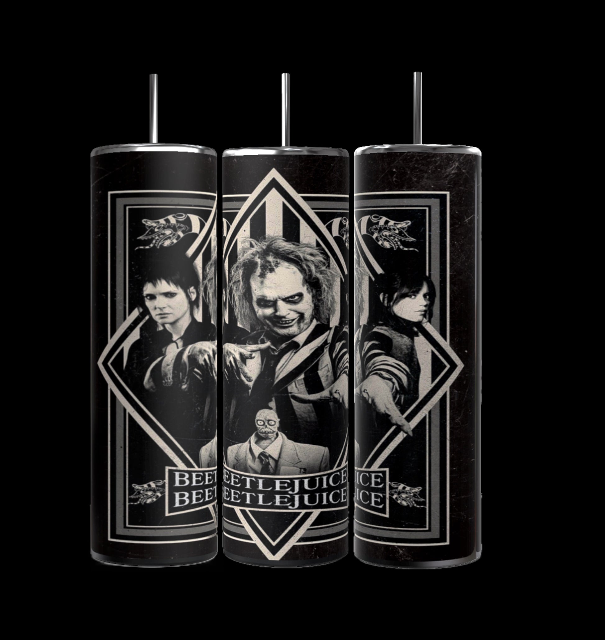 Kreative Kreationz presents the Beetlejuice 20oz Tumbler, featuring black-and-white character illustrations with exaggerated expressions. The "Beetlejuice" text repeats three times, making it perfect Halloween drinkware for fans of the classic film.