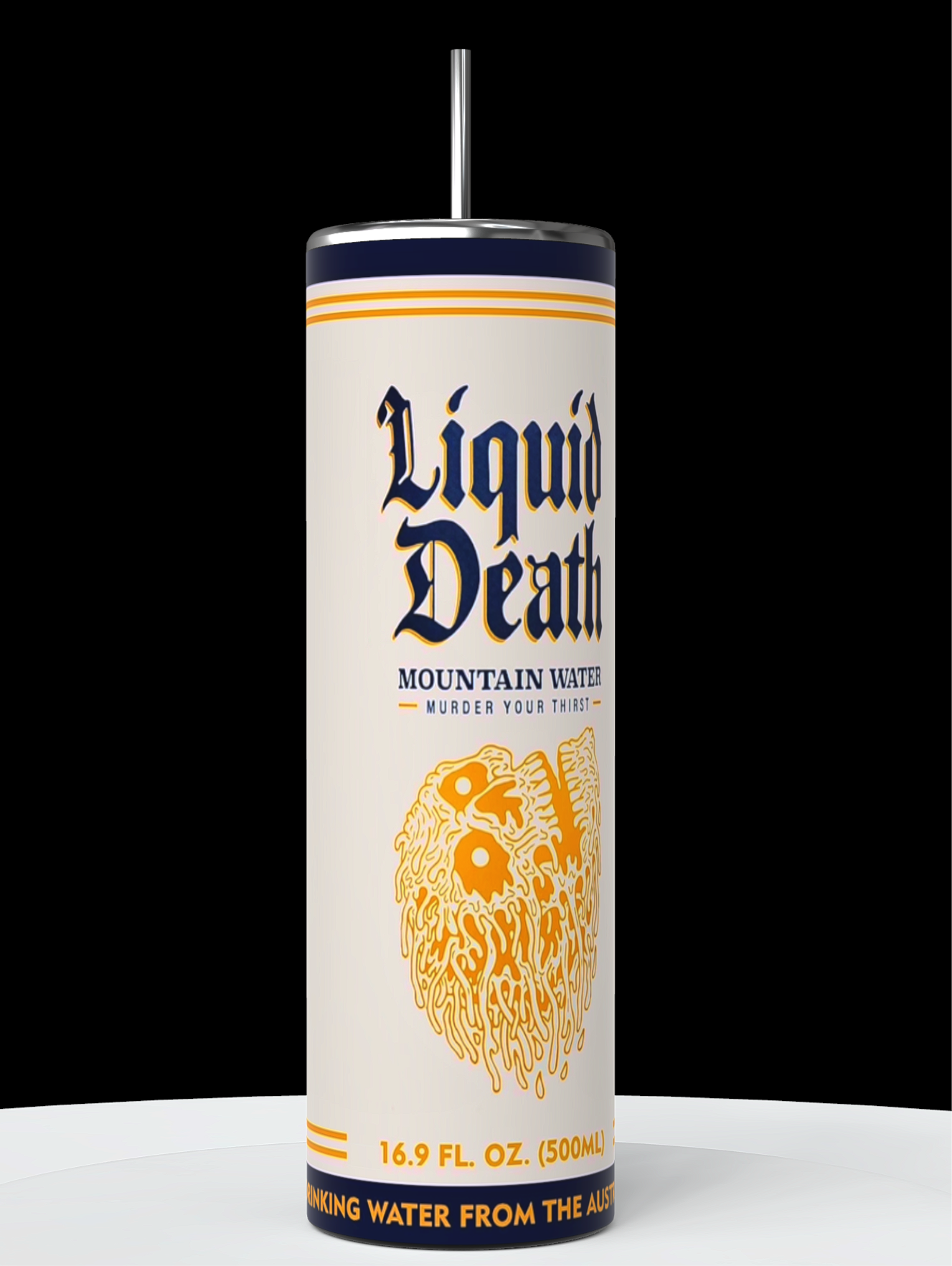 Three Liquid Death designed 20oz Tumblers from Kreative Kreationz are displayed against a black background. Each tumbler features a prominent logo with the brand name in bold blue letters and an illustration of a dripping skull. The text "Drinking Water from the Austrian Alps" is visible at the bottom. This Tony Hinchcliff design ensures it keeps beverages hot or cold.