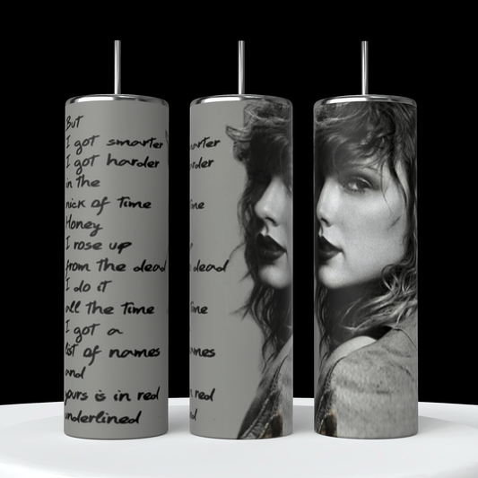 Three tall cylindrical objects with black lids. The Taylor Swift Rep 20oz Tumbler on the left, by Kreative Kreationz, features handwritten text, while the middle and right tumblers display grayscale images of a woman with curly hair and intense expressions, dressed in casual attire. The background is black.