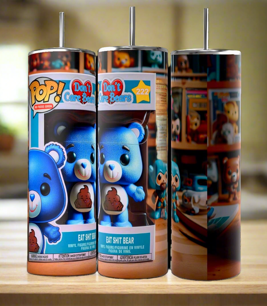 Three 20-ounce "Eat Shit Bear" tumblers from the Kreative Kreationz "Don’t Care Bear Collection", each featuring vibrant designs inspired by the collectible figures. These tumblers boast durable construction and double wall insulation, showcasing a playful blue bear holding a poop emoji against a backdrop of colorful "Don't Care Bears" figures.