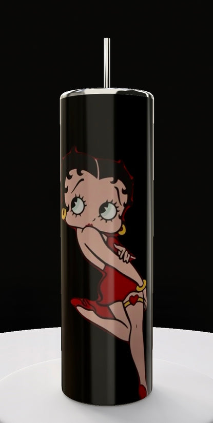 The Betty B White 20oz Skinny Tumbler by Kreative Kreationz features a playful cartoon woman in a red dress and hoop earrings against a black background, complete with a metallic straw. Ideal for fans of fun and style.