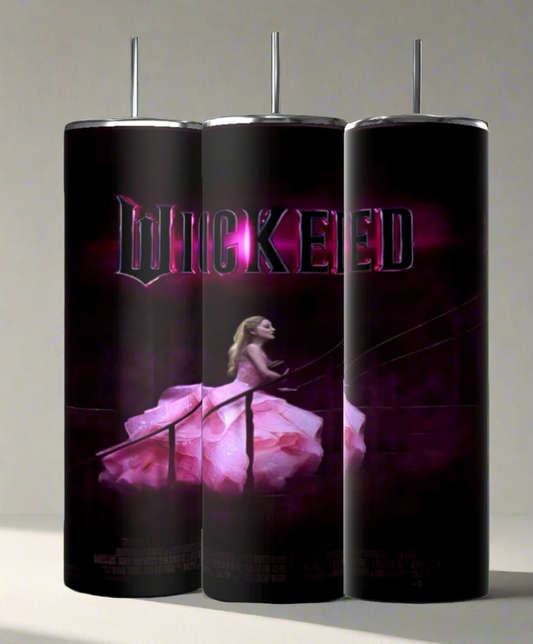 Three Wicked 20oz Tumblers from Kreative Kreationz feature a woman in a flowing pink gown on a staircase, with "WICKED" prominently displayed. The dark design is enhanced by neon pink highlights, using sublimation printing for vibrant detail.