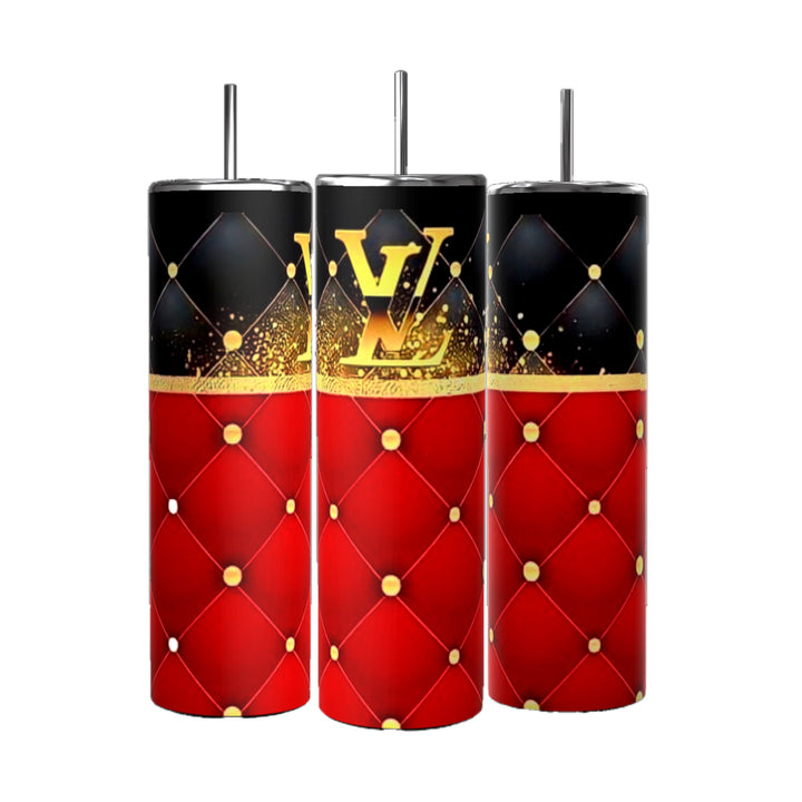 The LV Red Designer 20oz Tumblers by Kreative Kreationz are a set of three sleek tumblers featuring black tops and straws. These luxurious tumblers showcase an elegant design with the upper part adorned in black with golden sparkles and the lower part in red with a tufted pattern, while one tumbler prominently displays an LV logo in gold, emphasizing its durable construction.