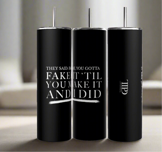 Three Gotta Fake It | TTPD 20oz Tumblers by Kreative Kreationz with black stainless steel bodies and silver lids and straws are placed side by side. The front tumbler reads, 