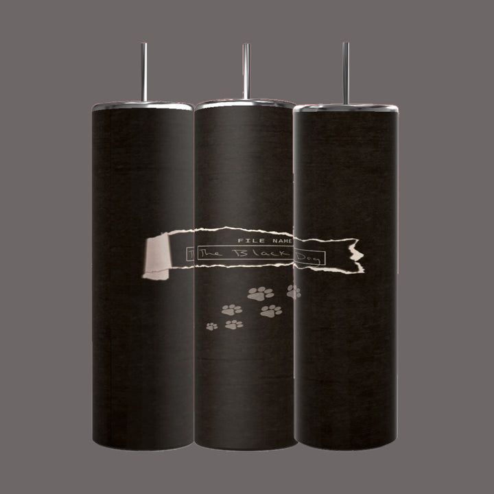 Three black cylindrical objects are aligned vertically, each with a narrow metallic rod extending from the top. The middle object features a torn piece of paper with the text "FILE NAME: The Black Dog" and scattered paw prints below it. Perfect for a TTPD The Black Dog 20oz Tumbler by Kreative Kreationz, which also comes with a reusable straw.