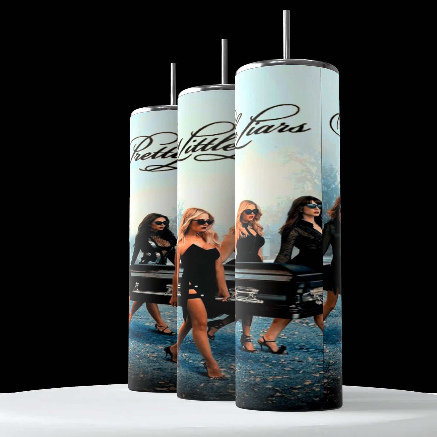 The PLL 20oz Tumblers by Kreative Kreationz feature an image and title from Pretty Little Liars. The design displays four women in black dresses and sunglasses walking confidently, with the show's title written in elegant script above them. These tumblers keep beverages hot or cold, making them perfect for any fan of the show.